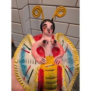 Whimsical Folk Art Butterfly Woman Figurine Handmade Coconut Hecho en Mexico